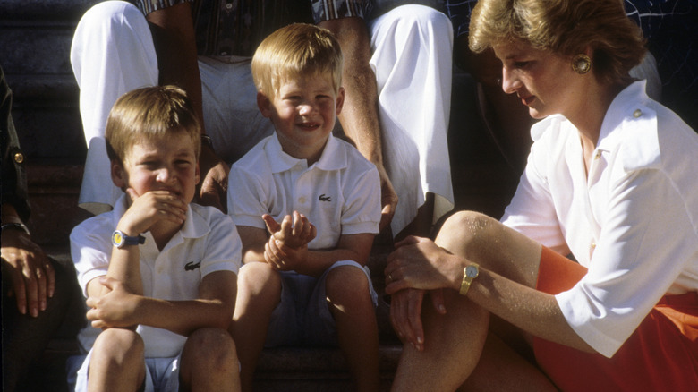 Prince William and Prince Harry sitting on steps with their mother, Princess Diana
