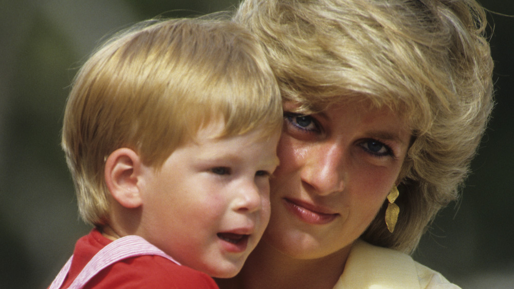 Prince Harry and Princess Diana embracing in front of the cameras