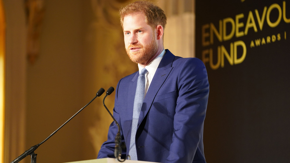 Prince Harry speaking at an event in 2020