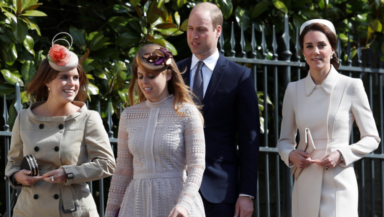 Princesses Eugenie, Beatrice, Prince William, and Kate Middleton walking