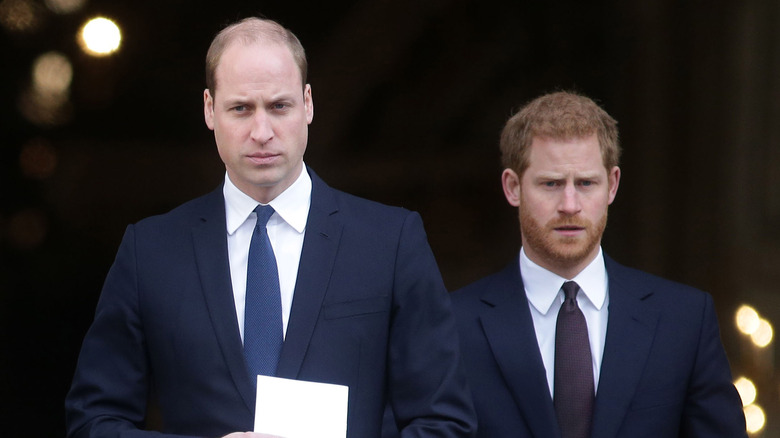 Prince William and Prince Harry wearing navy blue suits