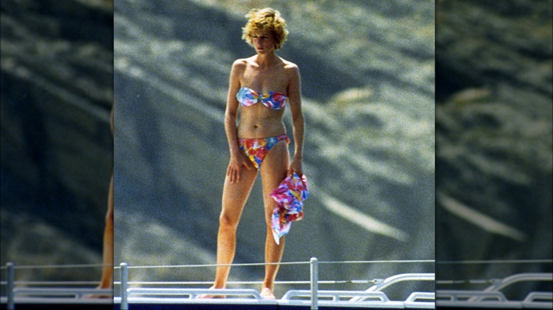 Princess Diana wearing colorful bikini