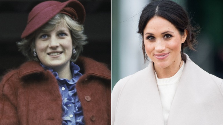 Princess Diana smiling (left), Meghan Markle smiling (right)