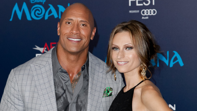 Dwayne "The Rock" Johnson and Lauren Hashian at the premiere of Moana 