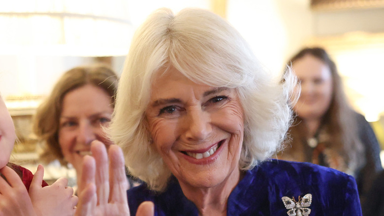 Queen Camilla smiling with dark eyebrows