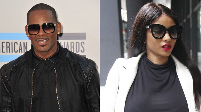 R. Kelly at the 2013 American Music Awards; Joycelyn Savage arrives for R. Kelly's 2019 arraignment