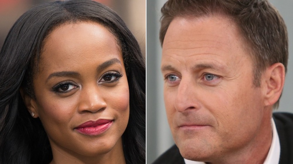 Rachel Lindsay smirking, Chris Harrison staring