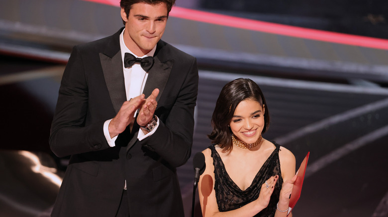 jacob elordi and rachel zegler on the oscars stage