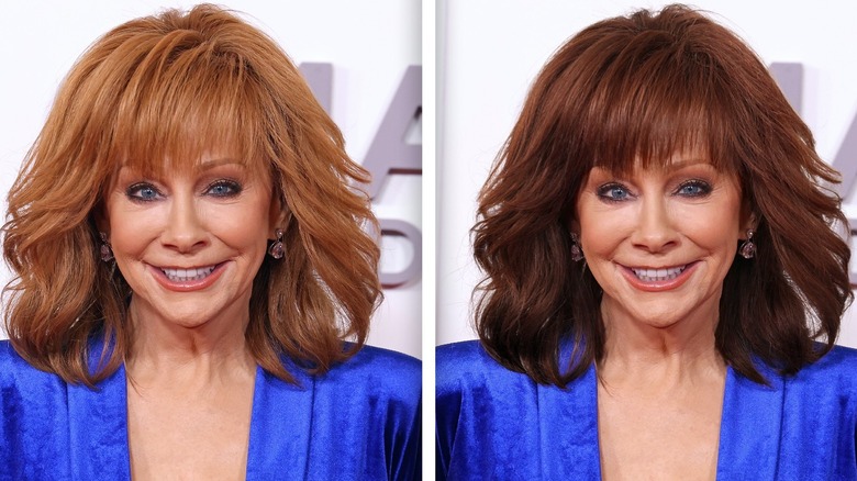 Split image of Reba McEntire with red hair and brown hair