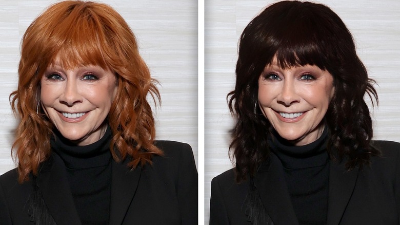 Split image of Reba McEntire with red hair and black hair