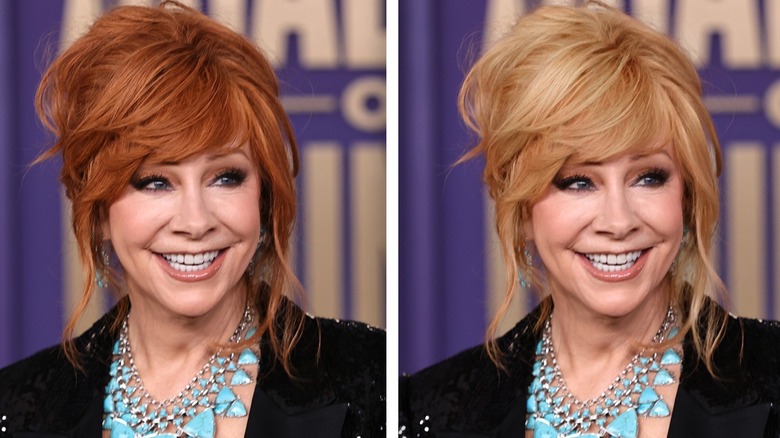 Split image of Reba McEntire with red hair and blond hair