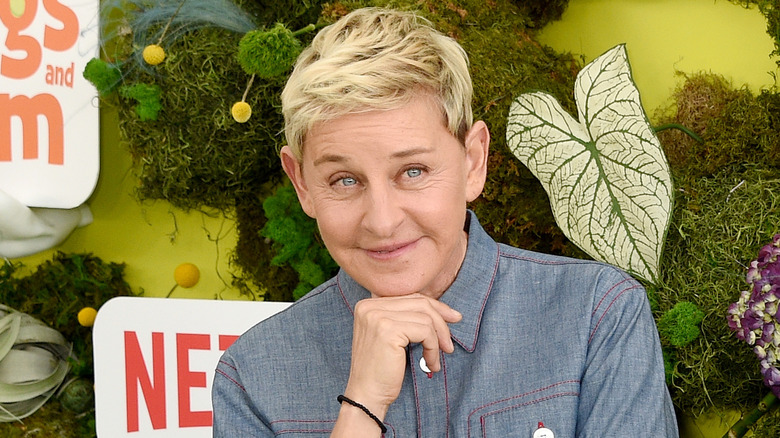 Ellen DeGeneres posing with chin on hand outside of Netflix studios in Los Angeles, CA (2019)