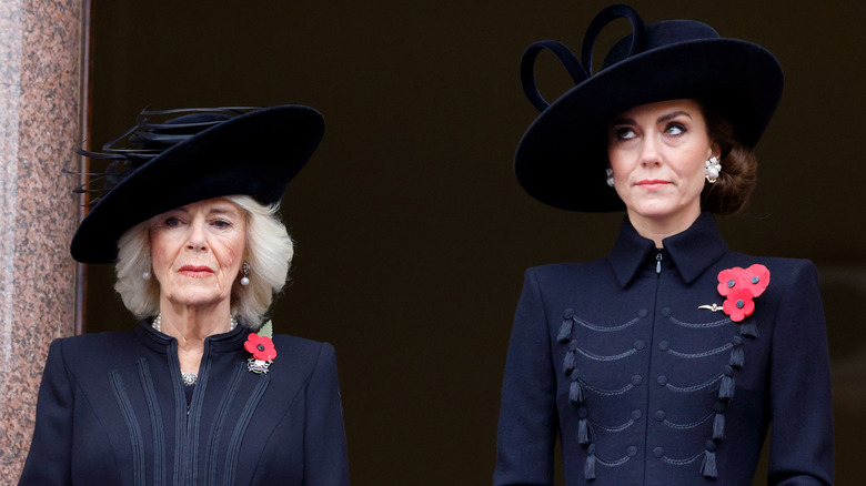 Kate Middleton and Queen Camilla wearing black at the 2023 National Service of Remembrance