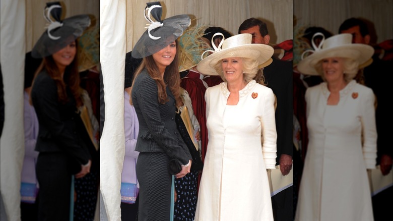 Kate Middleton and Queen Camilla standing together at the 2008 Order of the Garter service.