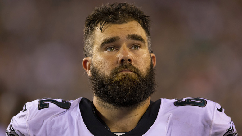 Jason Kelce in close-up on football field