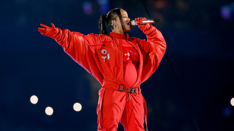 Rihanna performing at the Super Bowl halftime show