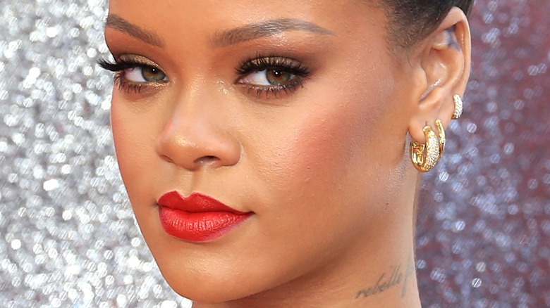 Rihanna wearing red lipstick