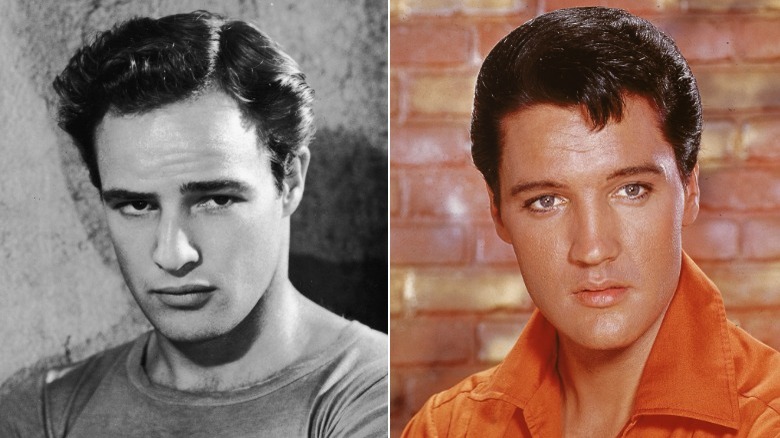 Marlon Brando and Elvis Presley with serious expressions