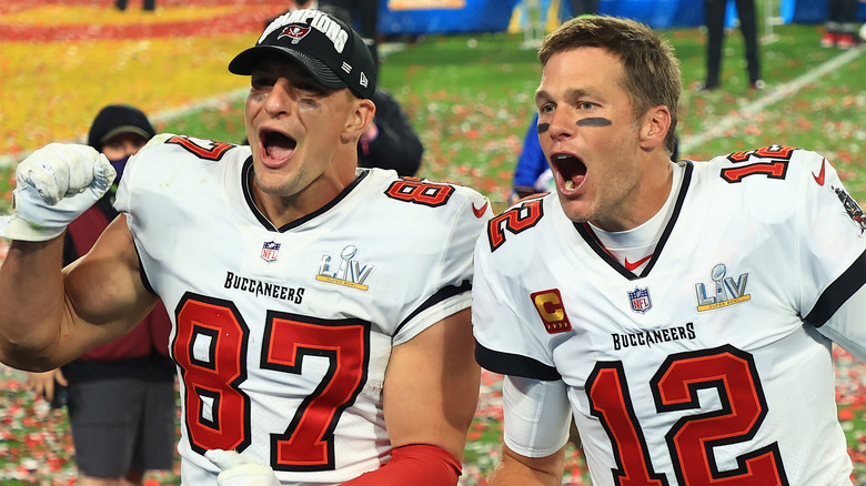 Rob Gronkowski and Tom Brady cheering together