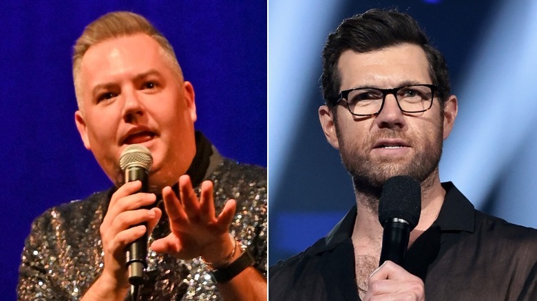 Ross Mathews and Billy Eichner holding microphones