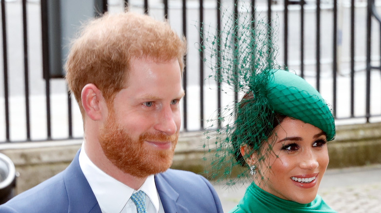 Prince Harry and Meghan Markle smiling in side profile