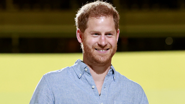 Prince Harry speaks at an event in 2021