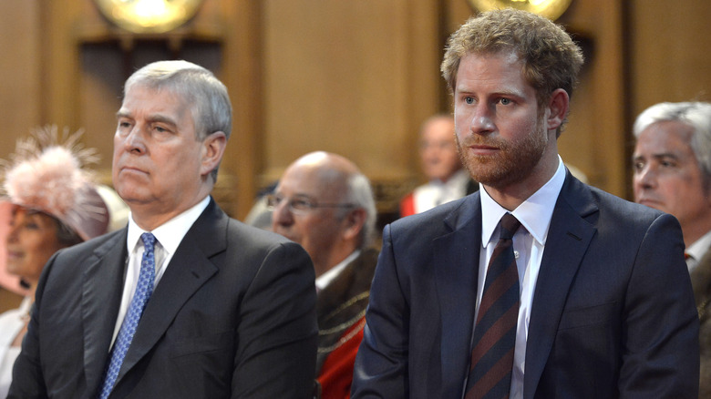 Prince Andrew, Prince Harry looking somber