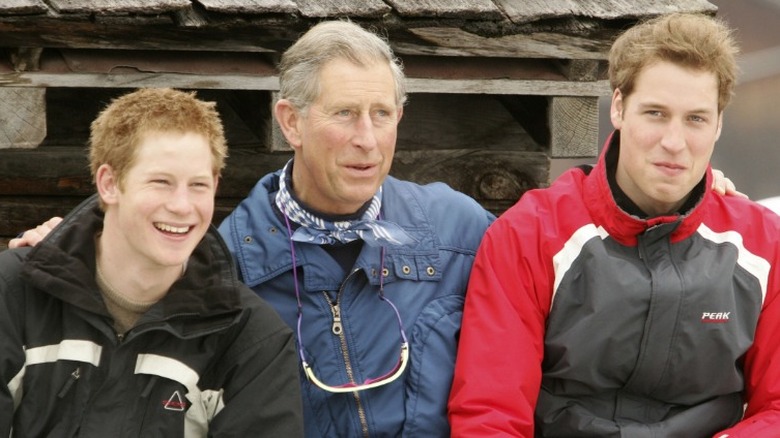 Prince Harry, King Charles, and Prince William smiling