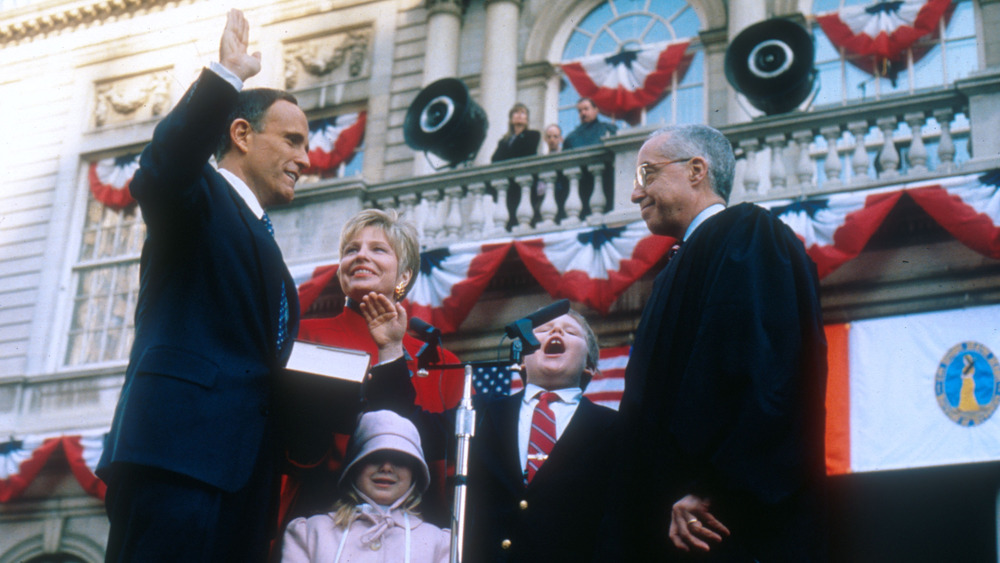 Rudy Giuliani, Donna Hanover, Caroline Giuliani, and Andrew Giuliani at political event