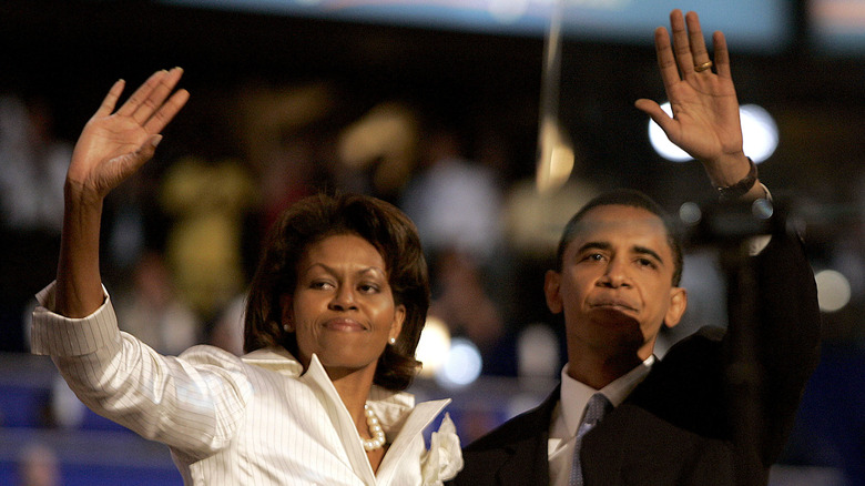 Michelle Barack Obama waving crowd