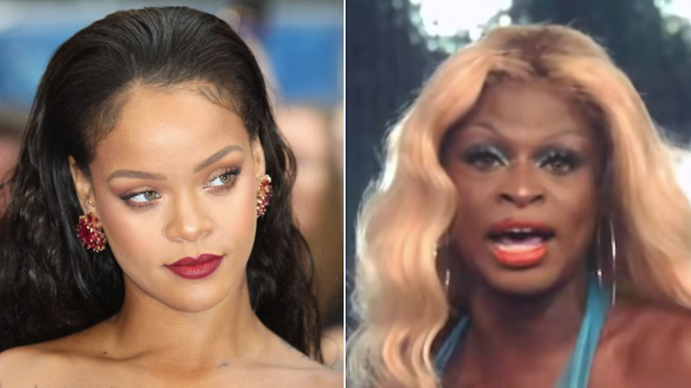 Rihanna posing and Symone from RuPaul's Drag Race singing in split image