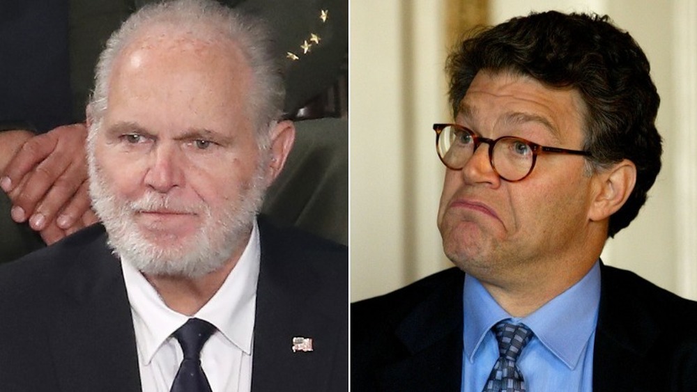 Rush Limbaugh with tears in his eyes (left), Al Franken smirking (right)