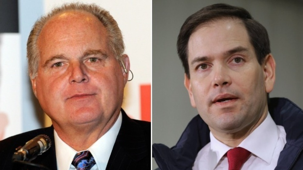 Rush Limbaugh smirking (left), Marco Rubio speaking (right)