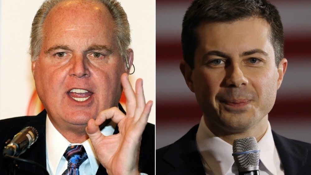 Rush Limbaugh speaking (left), Pete Buttgieg smirking (right)