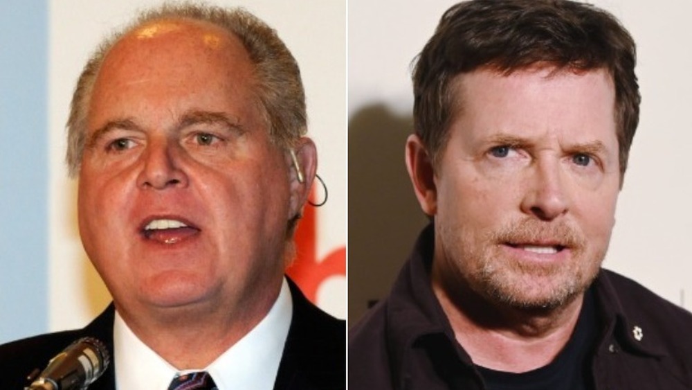 Rush Limbaugh speaking (left), Michael J. Fox looking stern (right)