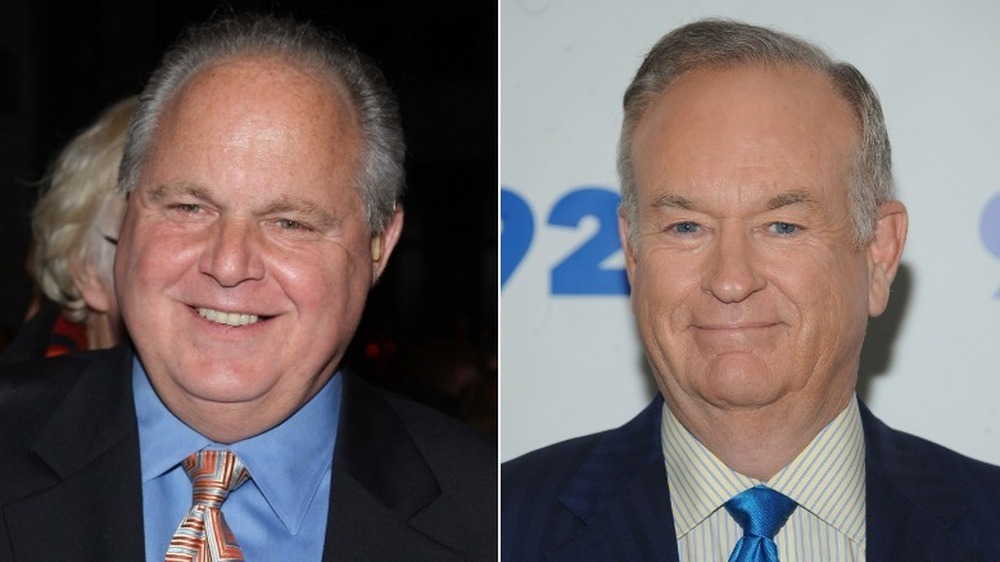 Rush Limbaugh smiling (left), Bill O'Reilly smiling (right)