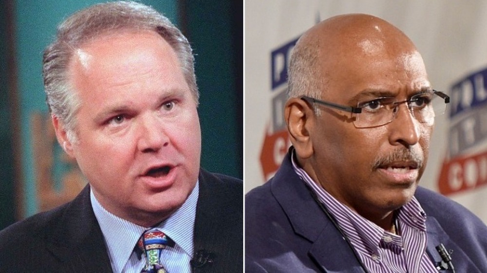 Rush Limbaugh angrily speaking (left), Michael Steele furrowing his brow (right)