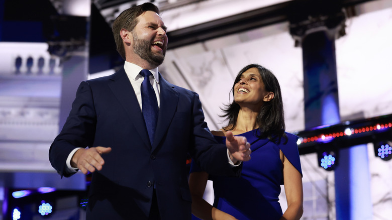 Usha and JD Vance laughing together at the 2024 RNC.