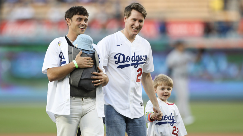 Dustin Lance Black, Tom Daley and their kids in Dodgers jerseys