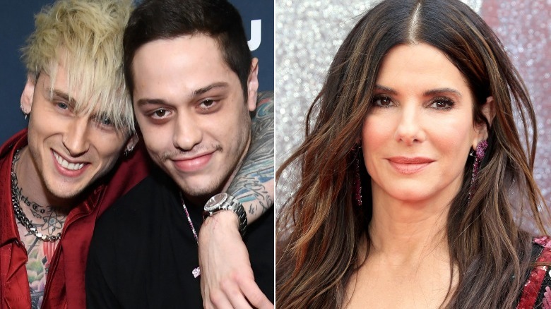 Machine Gun Kelly, Pete Davidson, and Sandra Bullock split image