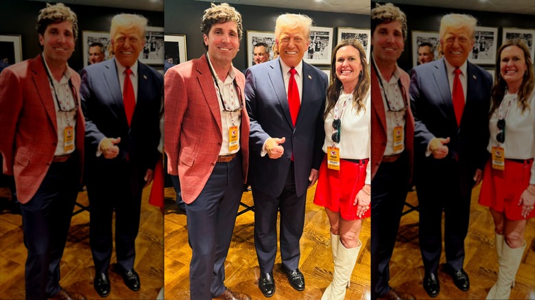 Sarah Huckabee Sanders and her husband posing with Donald Trump at the Super Bowl