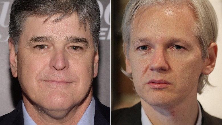 Sean Hannity smiling, Julian Assange staring