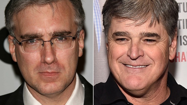 Keith Olbermann wearing glasses, Sean Hannity smiling