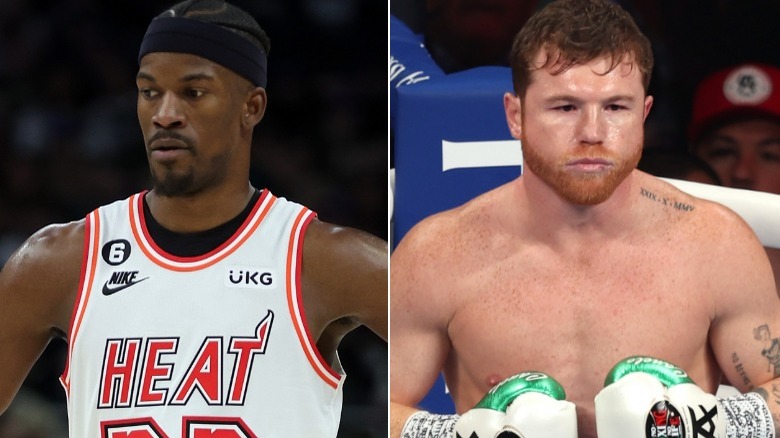 Jimmy Butler playing basketball and Canelo Álvarez boxing