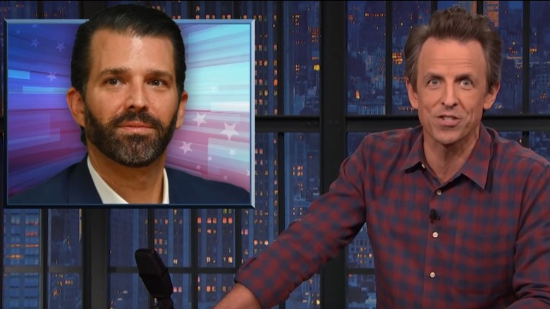 Donald Trump Jr. in a graphic next to Seth Meyers