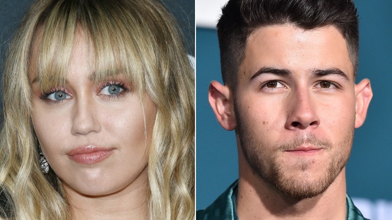 A split image of Miley Cyrus and Nick Jonas, both posing