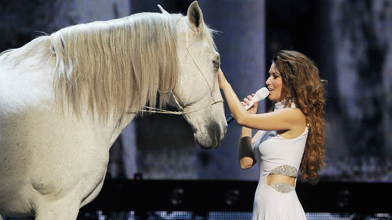 Shania Twain singing to a horse during her stage show