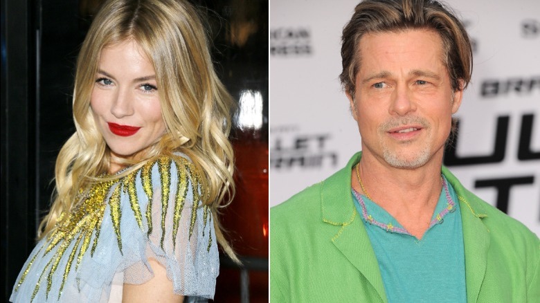 Sienna Miller on a red carpet; Brad Pitt on a red carpet