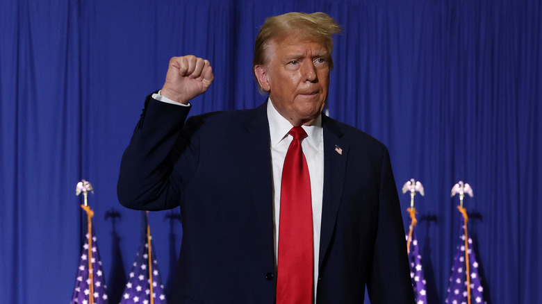 Donald Trump raising fist near flags