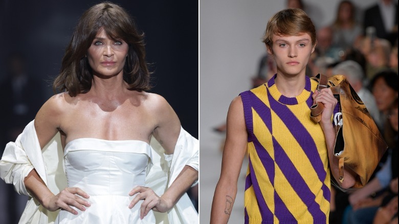 Side-by-side pictures of Helena Christensen walking on the runway and Mingus Reedus walking on the runway